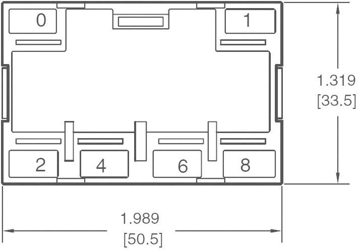 Technische tekening van een rechthoekig onderdeel met afmetingen in inches en millimeters. Getallen in rechthoekige velden zijn 0, 1, 2, 4, 6, 8.