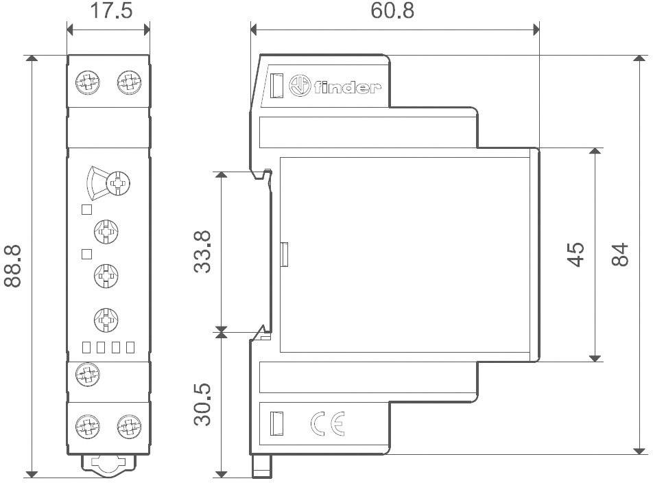 Technische tekening van een relaisbehuizing, toont afmetingen: breedte 60,8 mm, hoogte 88,8 mm, diepte 17,5 mm. CE-markering zichtbaar.