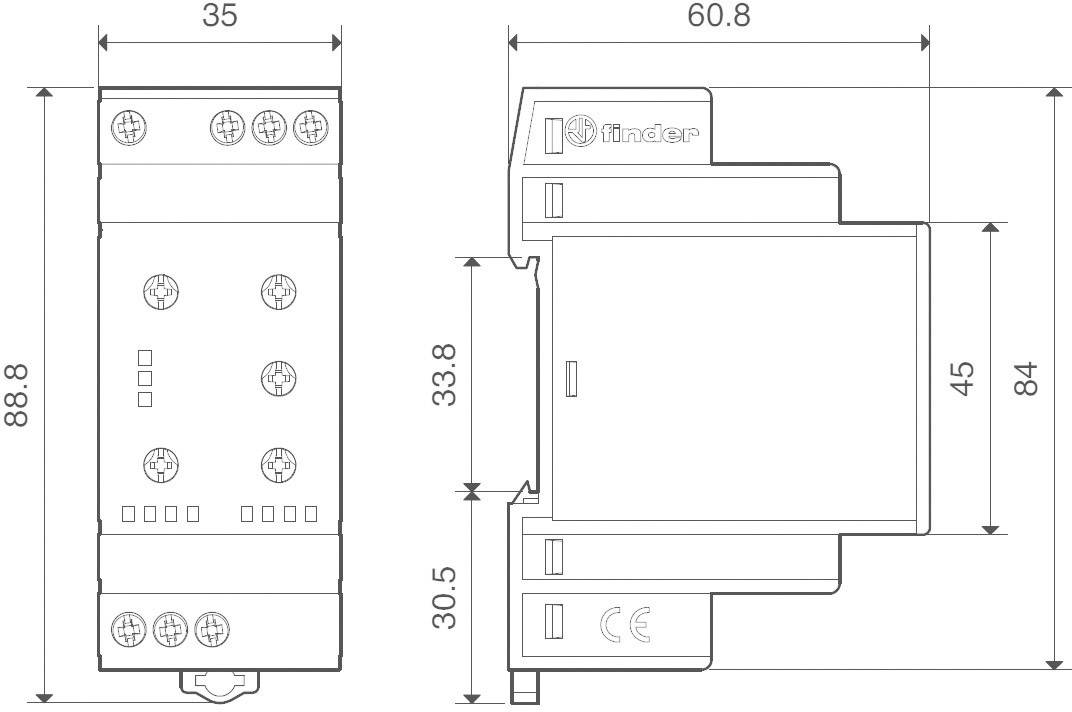 Diagram toont afmetingen van een elektrisch apparaat vanuit verschillende perspectieven. Breedte: 35 mm, hoogte: 88,8 mm, diepte: 60,8 mm.