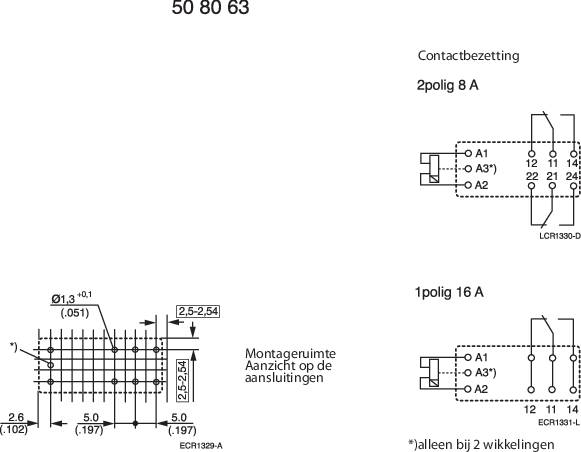 Technische tekening van een connector; toont aansluitbezetting voor '2-polig 8 A' en '1-polig 16 A'; montageafmetingen aangegeven.