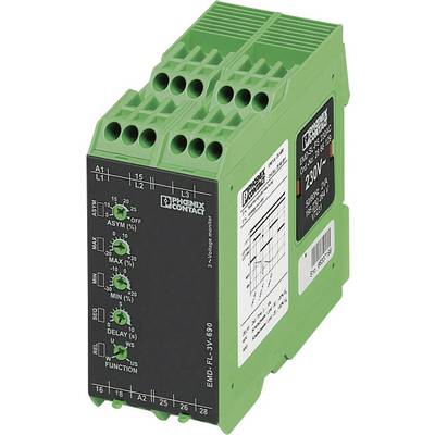 Een groen elektronisch apparaat van Phoenix Contact voor spanningsbewaking, model EMD-FL. Rechts zijn technische details en een diagram zichtbaar.