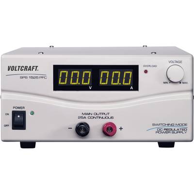 Voedingseenheid met digitale weergave, toont 0,00 Volt en Ampère. Hoofduitgang 25A. Overstroomweergave, aan/uit-schakelaar.