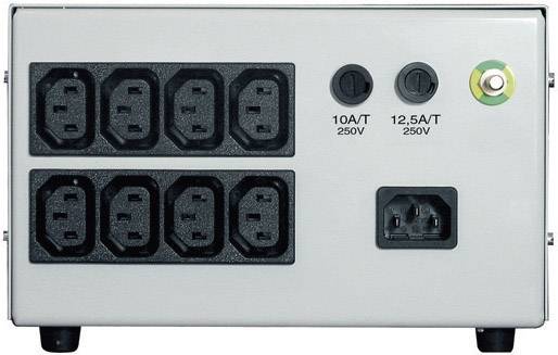 Achterkant van een wit apparaat met verschillende zwarte stopcontacten, twee zekeringen met opschrift '10A/T 250V' en '12.5A/T 250V'.