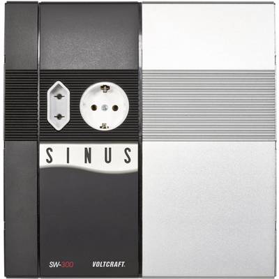 Sinus-omvormer Voltcraft SW-300 met stopcontactaansluiting en schakelaar, in zwart en zilver design.