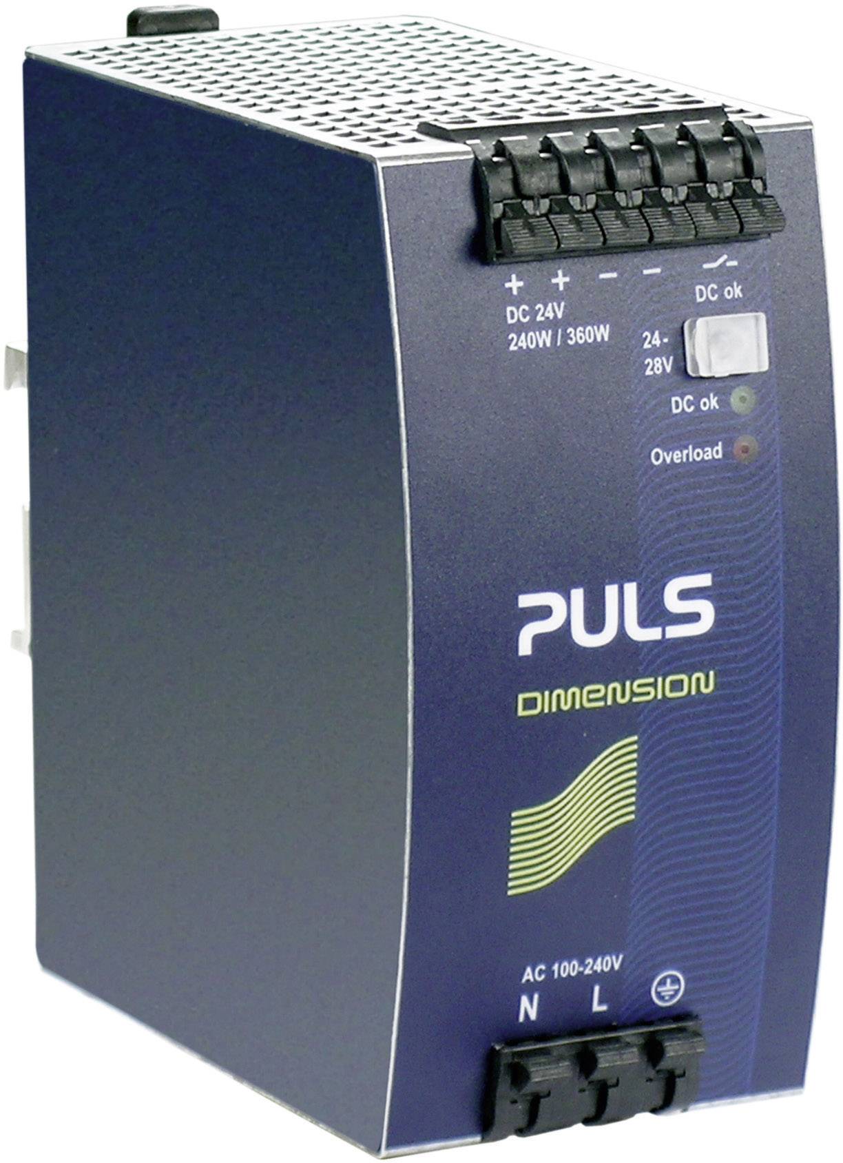 Een PULS-voedingsapparaat, model 'DIMENSION', toont een ingangsbereik van 100-240V AC, uitgang 24-28V DC, statusweergaven en aansluitklemmen.