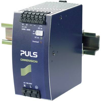 Een blauwe elektrische voeding met het opschrift 'PULS DIMENSION'. Het is bedoeld voor montage op een DIN-rail.