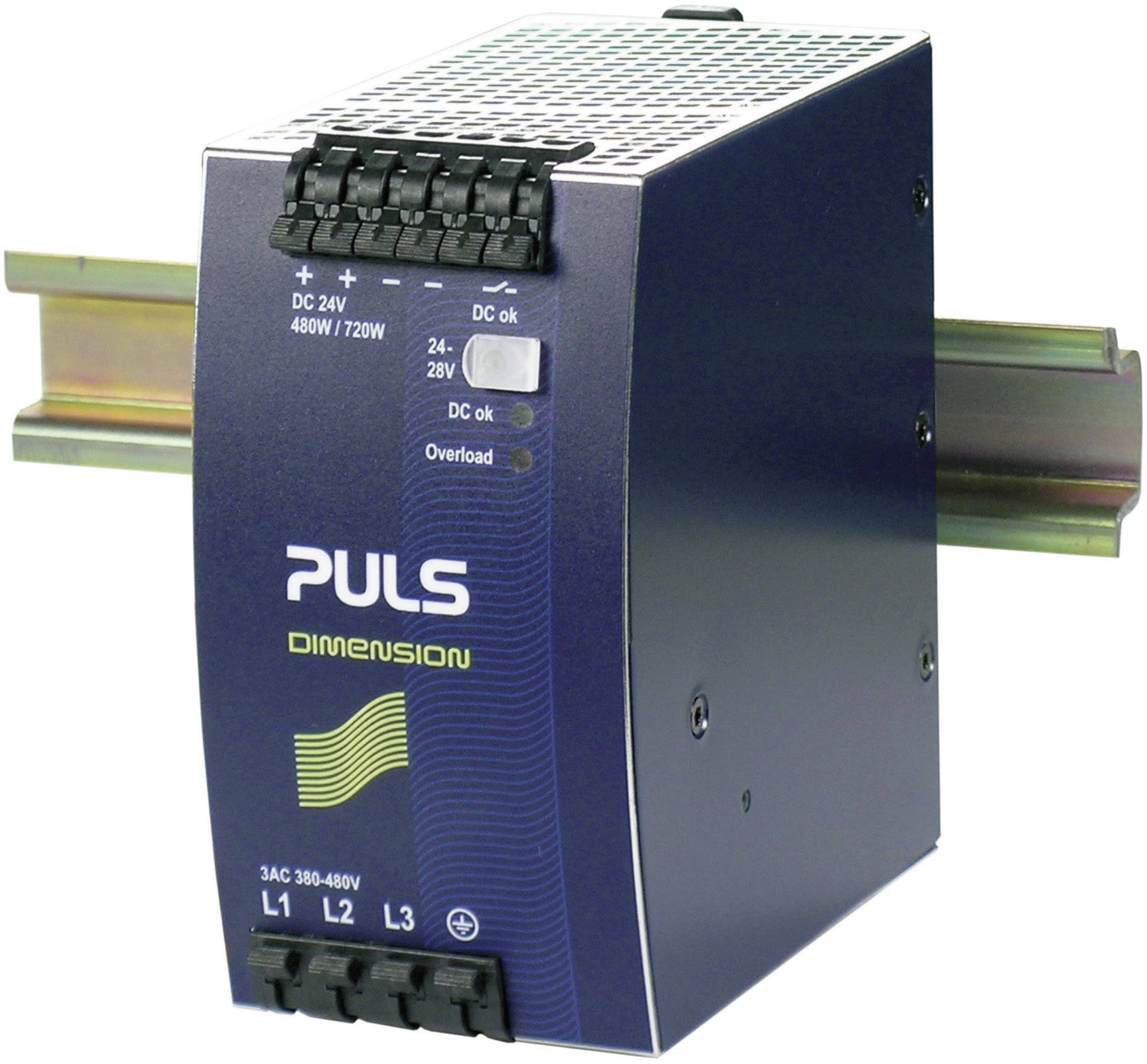 Een blauw schakelnetvoedingsapparaat van het merk PULS met modelnaam DIMENSION, gemonteerd op een DIN-rail. Het toont statusaanduidingen en aansluitingen.