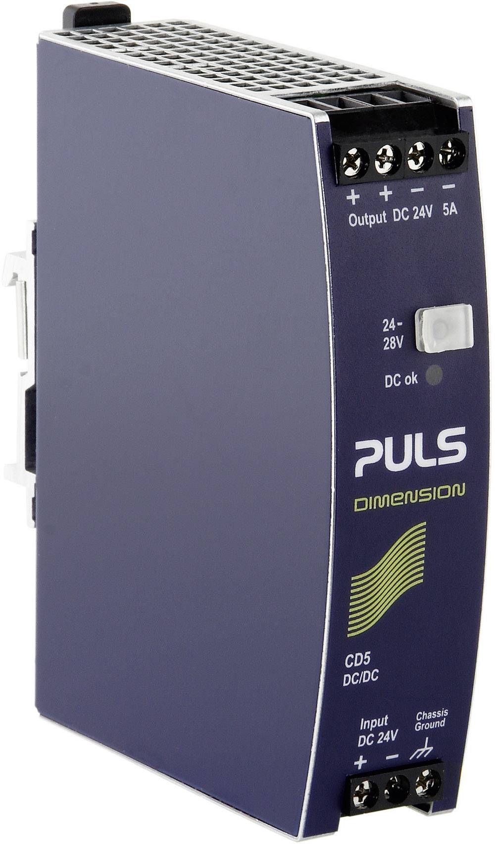 Een blauwe voedingseenheid met het opschrift 'DIMENSION', biedt een gelijkstroomuitgang van 24V/5A en ingangen van 24-28V, DC/DC-converter.