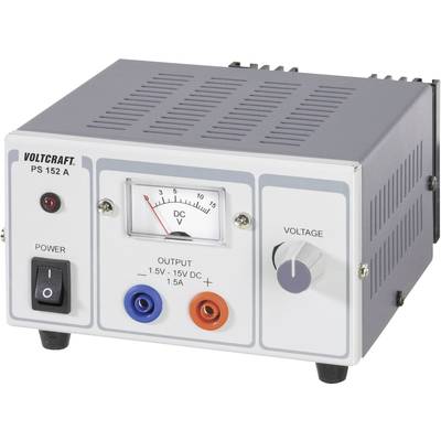 Laboratoriumvoedingsapparaat met analoge voltmeter, spanningsschakelaar en aan-/uitschakelaar. Uitgang: 1,5-15V DC, 1,5A. Merk: Voltcraft PS 152 A.