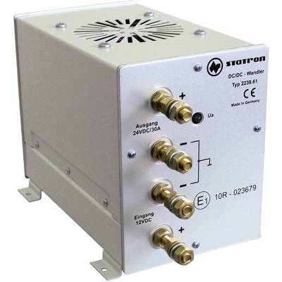 DC/DC-spanningsomvormer, type 2239.61, met in- en uitgangen. Ingang 12VDC, uitgang 24VDC/30A. Fabrikant: Startron, Made in Germany.