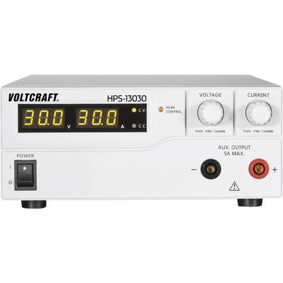Voedingseenheid met display '30.0' voor spanning en stroom. Bedieningsknoppen voor spanning en stroomsterkte. Merk: Voltcraft HPS-13030.