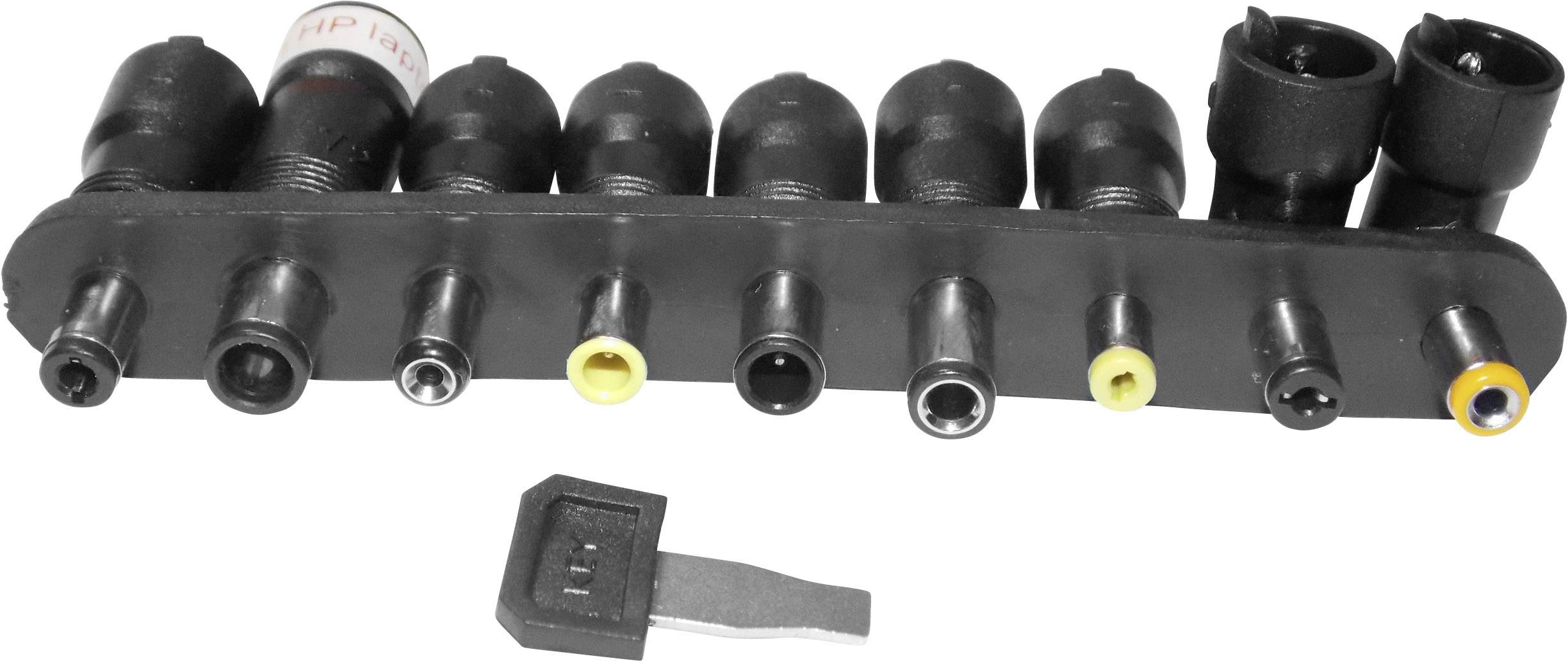 Een adapterset met meerdere elektrische stekkers in verschillende formaten en een kleine grijze sleutel.