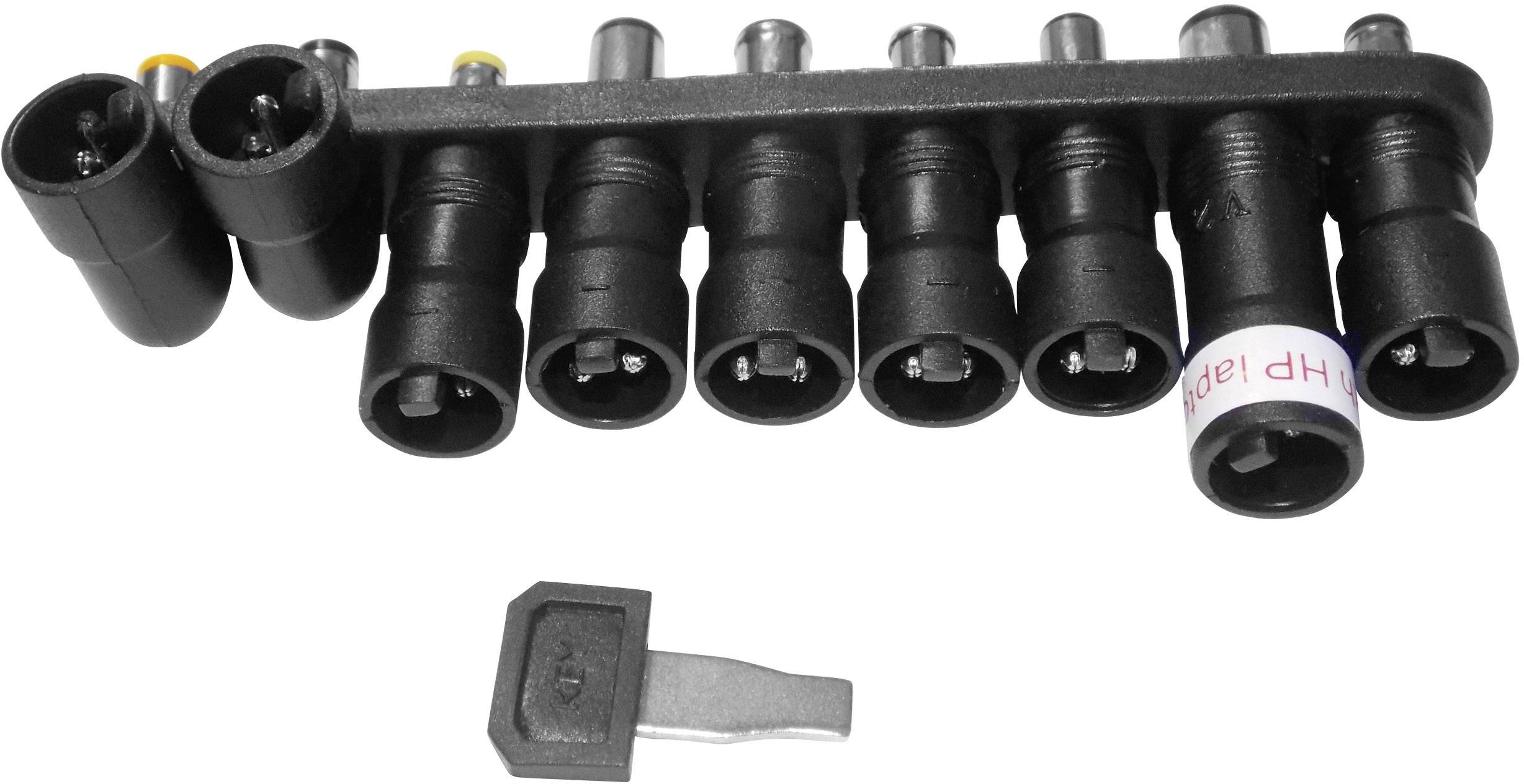 Een adapterset met meerdere ronde stekkers in verschillende formaten en een los bijgeleverde sleutel, gebruikt voor elektronische apparaten.