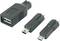 'Drie zwarte USB-adapters, links een grote met USB-A-aansluiting, rechts twee kleinere met Mini-USB- en Micro-USB-connectoren.'