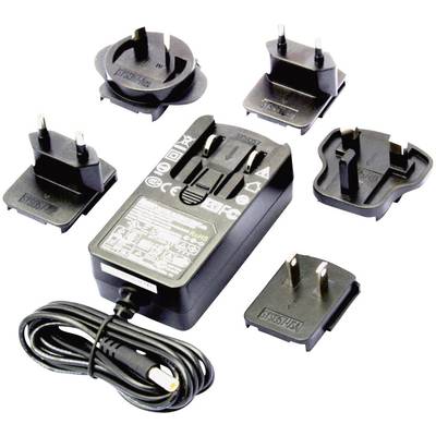 Stekkervoedingsadapter met vijf verwisselbare stekkerdosenadapters voor verschillende landen. Bevat een kabelgeleiding en veiligheidskeurmerken.