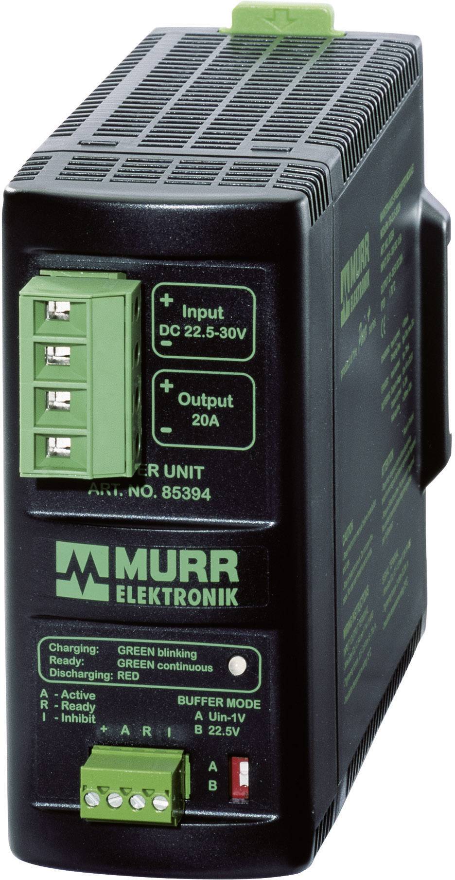 Voedingsapparaat van Murr Elektronik. Ingangsspanning DC 22,5-30V, uitgang 20A. Toont laad- en bedrijfstoestanden.