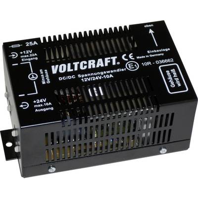 Spanningsomvormer van Voltcraft, model 12V/24V-10A. Zwart behuizing met ventilatiesleuven. Ingangen en uitgangen gemarkeerd.