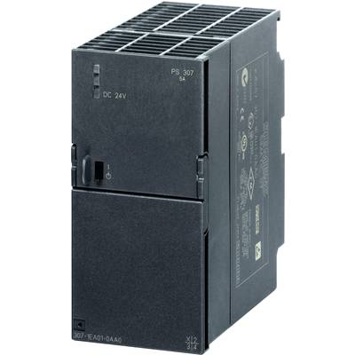 Een zwart industrieel voedingsapparaat met de opdruk 'DC 24V' en 'PS 307 5A', gebruikt in automatiseringsinstallaties.