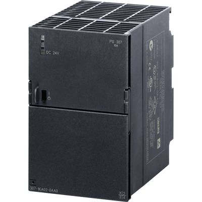 Een zwart, rechthoekig voedingsapparaat met opschrift 'DC 24V' en modelspecificatie 'PS 307 10A'. Essentieel voor industriële besturingen.