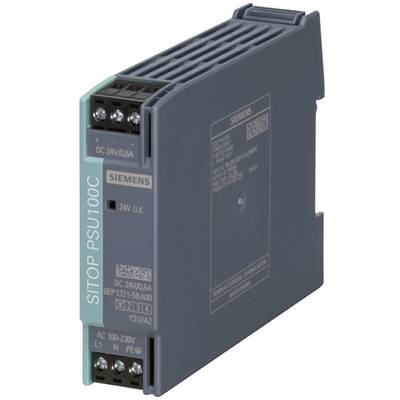 Een grijs Siemens SITOP PSU100C voedingsmodule met aansluitingen. Markeringen tonen in- en uitgangen voor DC 24V bij 0,6A en AC 100-230V.