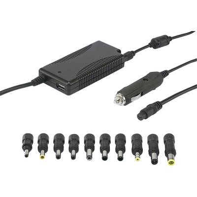 Een auto-adapter met meerdere verwisselbare stekkers voor de stroomvoorziening van elektronische apparaten in de auto.