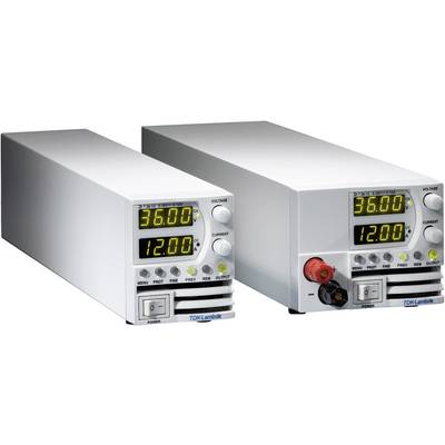 Twee elektronische apparaten met digitale displays tonen '36.00' en '12.00'. Ze worden gebruikt voor spanningscontrole en stroomregeling.