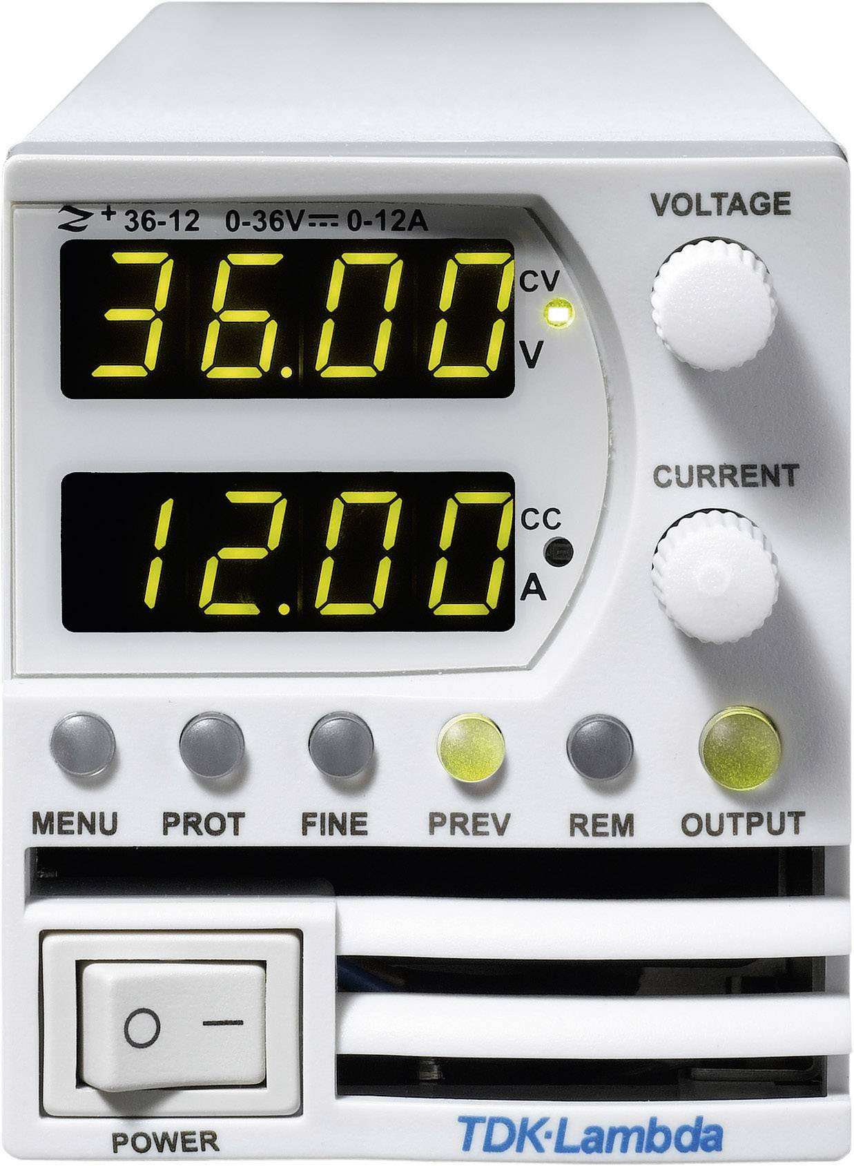 Een digitale voeding toont op het display een spanning van 36,00 volt en een stroom van 12,00 ampère. Schakelaars en draaiknoppen zijn zichtbaar.