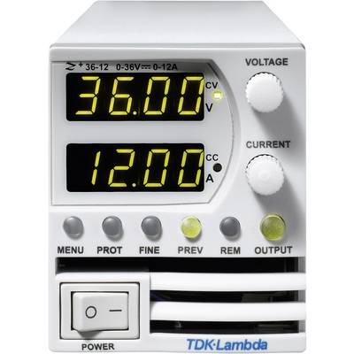 Een digitale voeding toont op het display een spanning van 36,00 volt en een stroom van 12,00 ampère. Schakelaars en draaiknoppen zijn zichtbaar.