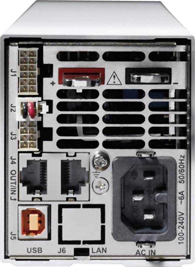 Achterkant van een voedingsadapter met aansluitingen: USB, LAN, AC-ingang, plus- en minuspolen, schakelaar en meerdere genummerde poorten.