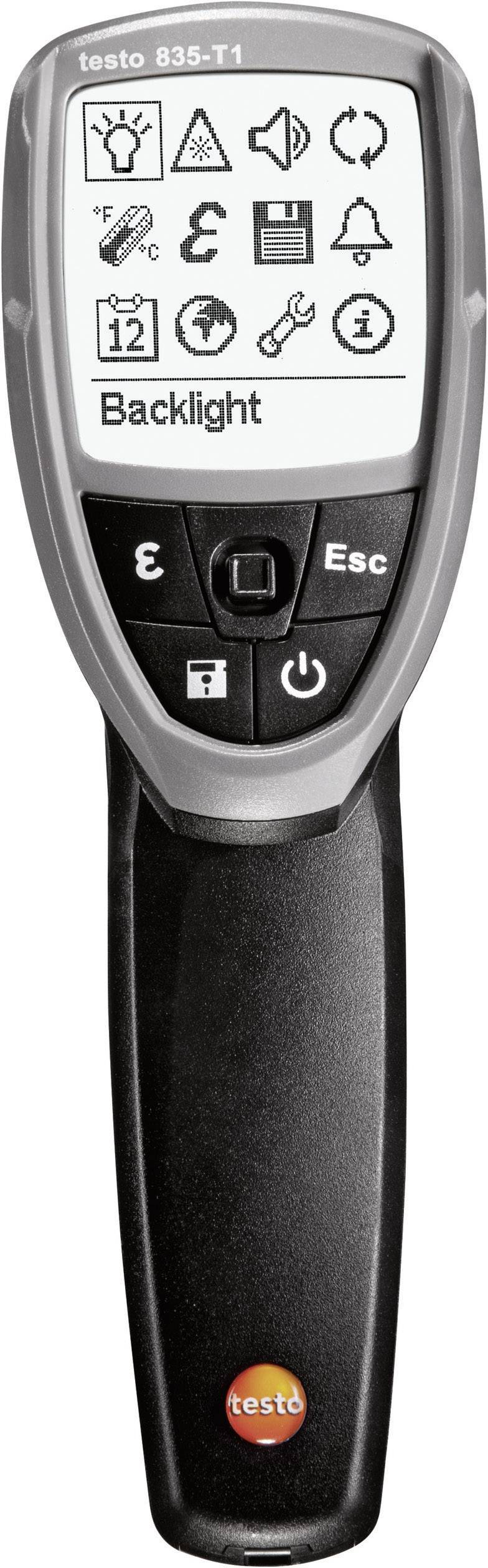 Een infrarood-thermometer met digitaal display. Op het display zijn verschillende symbolen en de optie 'Achtergrondverlichting' zichtbaar.