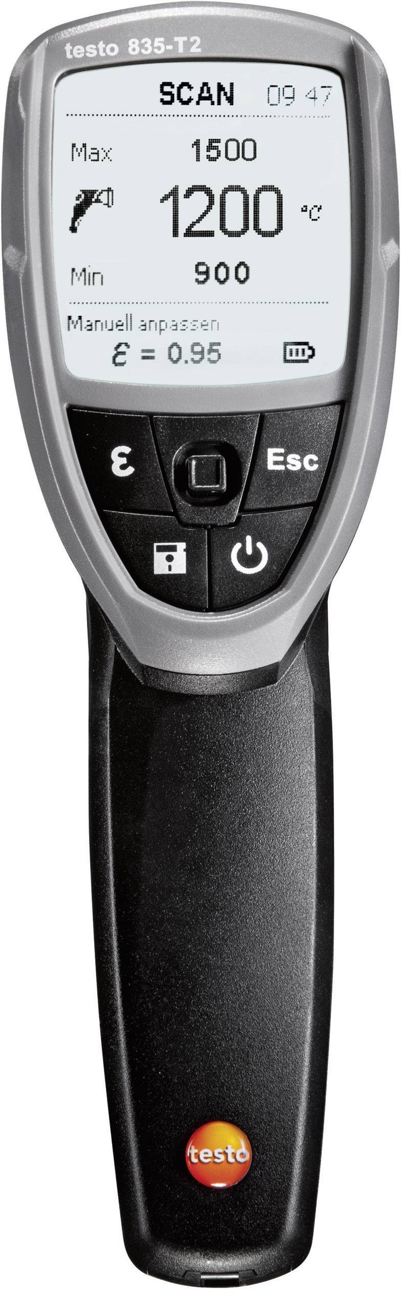 Handinfrarood-thermometer met digitaal display toont 'SCAN', temperatuurmeetbereik 900 tot 1500 °C, emissiviteit instellen.