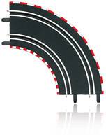 Speelgoed-racetrackcurve met twee rijbanen, zwarte ondergrond met witte middenlijnen en rood-witte randmarkering.