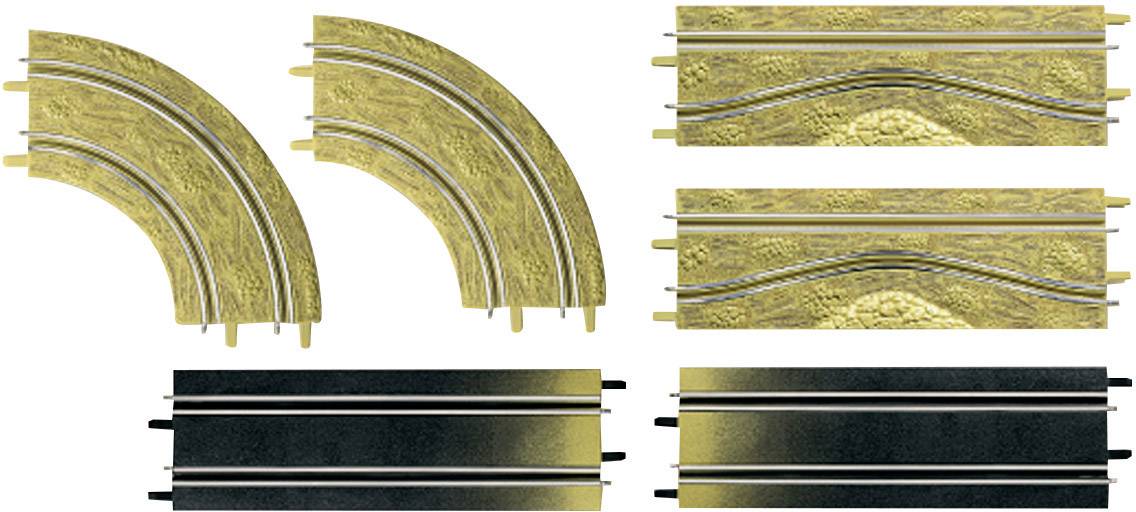 Zes modelspoorbaan-rails: Twee bochten met een gele oppervlakte, twee rechte gele rails en twee rechte rails met een donkere oppervlakte.