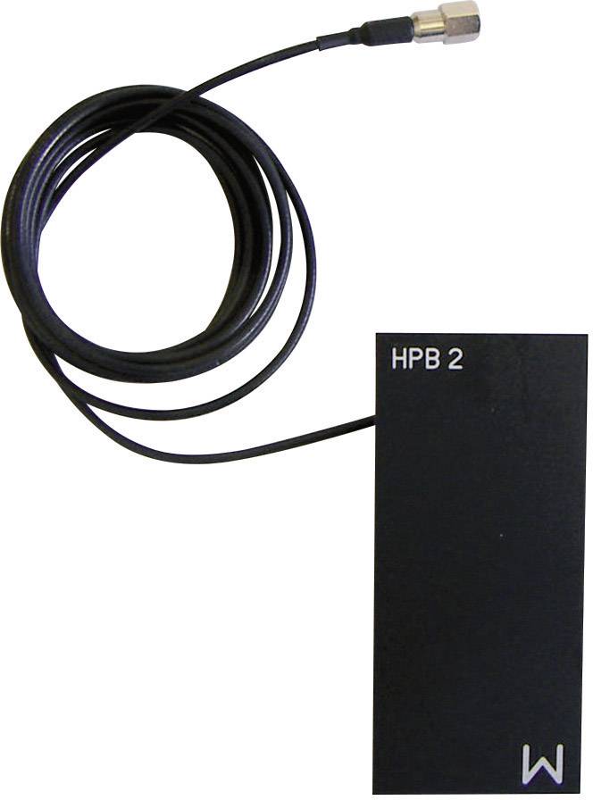'HPB 2'-antenne met kabel voor signaaloverbrenging. Compact, rechthoekig ontwerp, zwart, met M-logo.