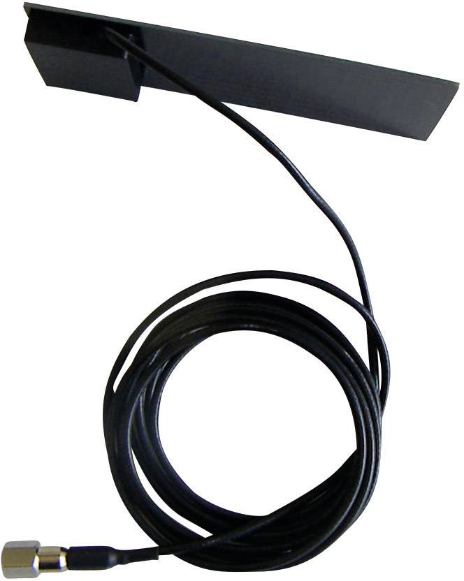 Zwarte antenne met een lang kabel en stekker, geschikt voor montage op een oppervlak of muur. Gebruikt voor ontvangst- of zendingsdoeleinden.