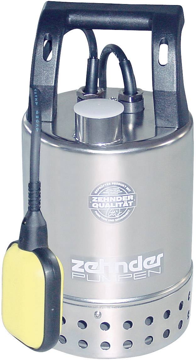 Een zilveren Zehnder-pomp met een gele vlotterschakelaar, geschikt voor waterafvoer; compact en robuust in ontwerp.
