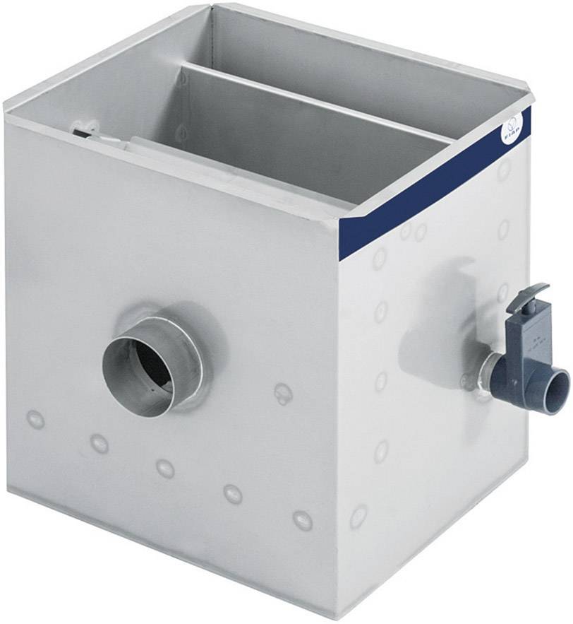 Een vierkante afscheider van metaal met twee buisaansluitingen, een grotere aan de zijkant en een kleinere aan de voorkant. Geschikt voor afvalwaterzuivering.