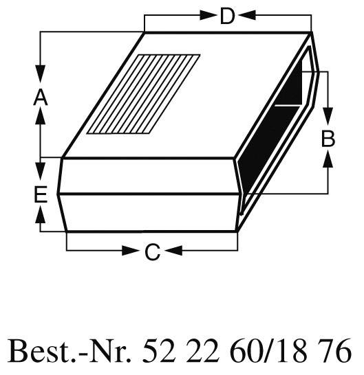 Tekening van een rechthoekige behuizing met afmetingen A, B, C, D, E. Bestelcode: 52 22 60/18 76.