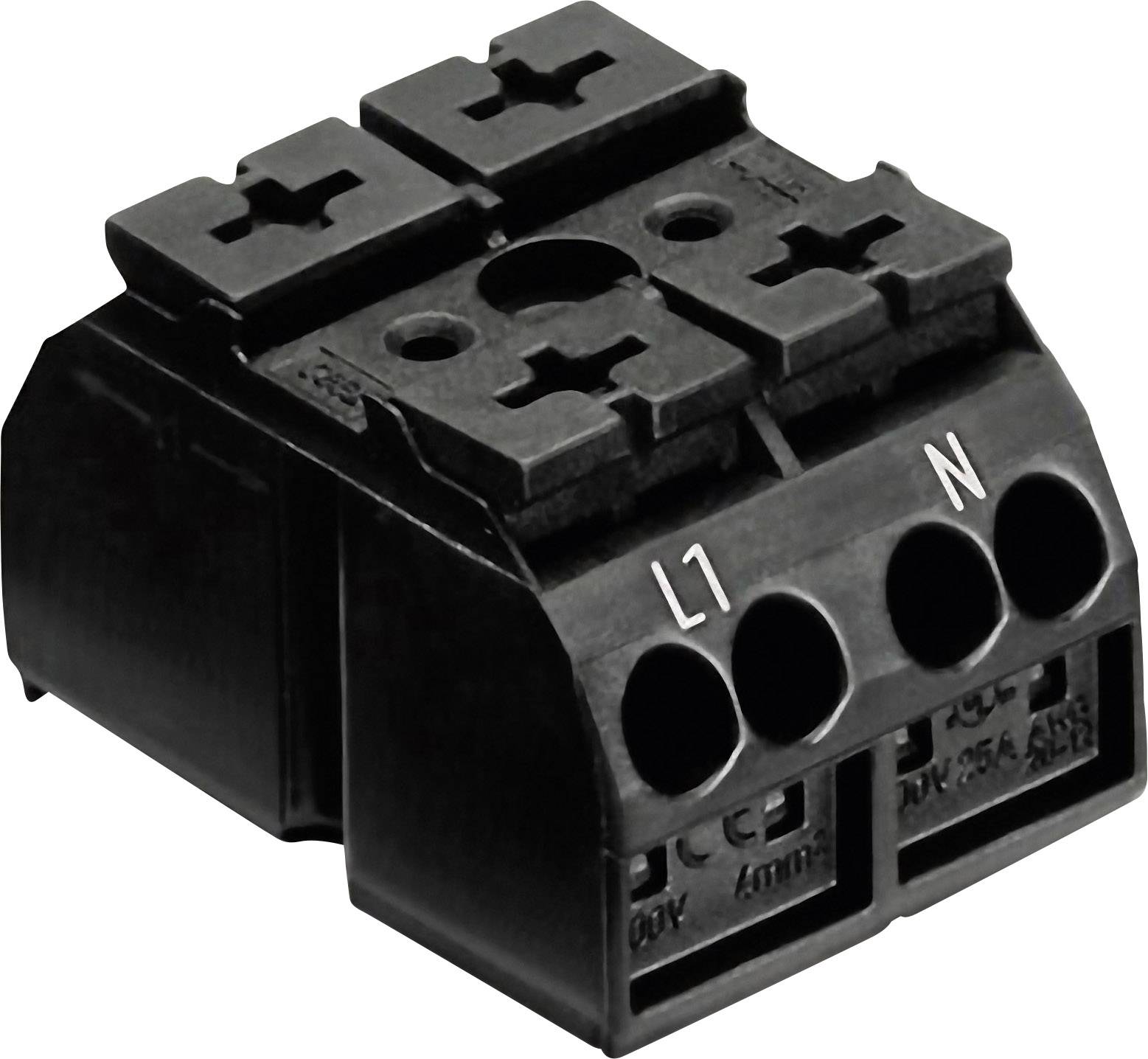 Zwarte elektrische aansluitklem met drie openingen. Gemarkeerd met 'L1' en 'N'. Gebruikt voor het verbinden van draden.