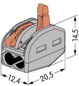 Tweepolige leidingklemverbinder met drukhandel, grijs behuizing met een lengte van 20,5 mm, een breedte van 12,4 mm en een hoogte van 14,5 mm.
