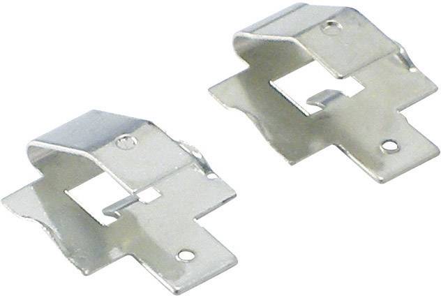 Twee verzinkte metalen hoeken met rechthoekige openingen en ronde bevestigingsgaten, waarschijnlijk onderdelen voor verbindingen.