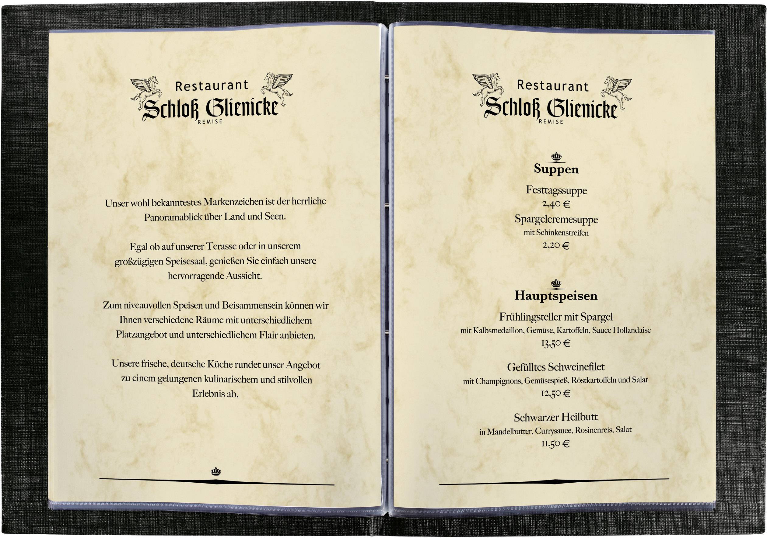 Menu van Restaurant 'Schloss Glienicke' met soepen zoals erwtensoep; hoofdgerechten bevatten asperges en kalfslever op Berlijnse wijze.