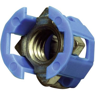 Blauw kunststof onderdeel met geïntegreerde metalen moer, waarschijnlijk deel van een bevestigingssysteem of apparaat.