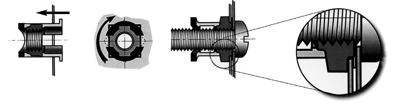 Technische tekening van een moer met binnendraad. Toont doorsnede en details van de schroefdraadverbinding ter verduidelijking van de constructie.
