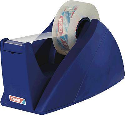 Blauwe plakbandhouder met een Tesa-rol geplaatst, klaar voor gebruik.