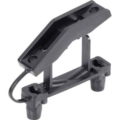 Een zwart kunststof vervangingsonderdeel met twee schroefopeningen en een lus-achtig element voor stabilisatie.