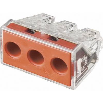 Een transparante verbindingsklem met drie oranje aansluitingen, meestal gebruikt voor elektrische aansluiting van draden.