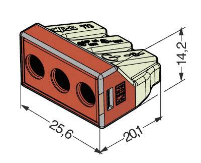 Elektrische stekkerverbinding met drie aansluitopeningen, in rood en grijs, met getekende afmetingen: 25,6 mm lengte, 14,2 mm hoogte.
