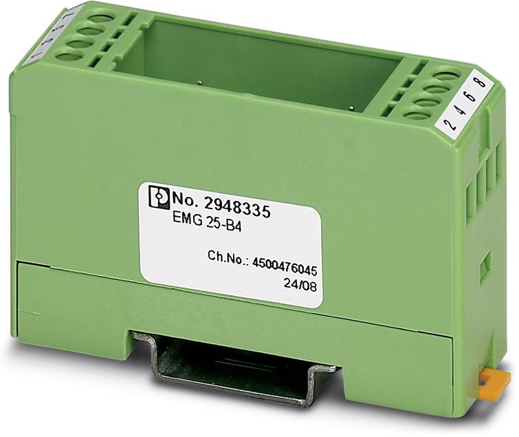 Groen elektronicamodule met meerdere aansluitingen en opschrift 'No. 2948335 EMG 25-B4 Ch.No. 4500476045 24/08'.