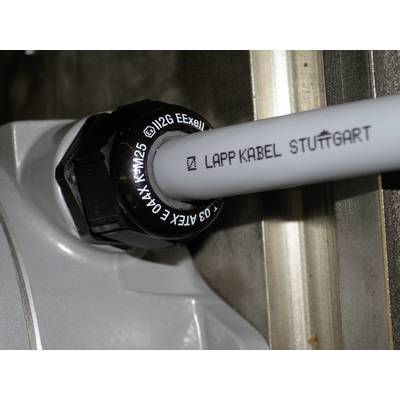 Een dikke kabel is aangesloten op een aansluiting. Op de kabel staat 'Lapp Kabel Stuttgart'.